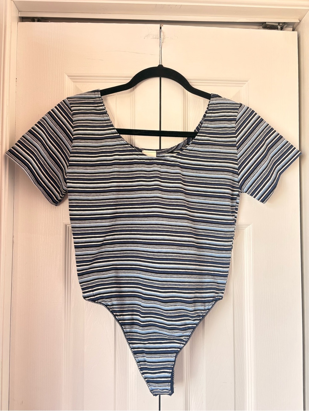 Victoria’s Secret Gold Crown Label Blue and Black Striped Bodysuit